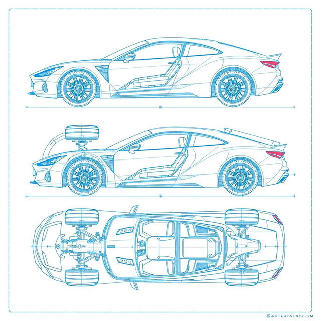 A comprehensive and detailed car blueprint featuring a single vehicle displayed from six different angles: left, right, front, back, top, and bottom