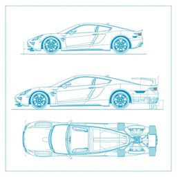 A comprehensive and detailed car blueprint featuring a single vehicle displayed from six different angles: left, right, front, back, top, and bottom