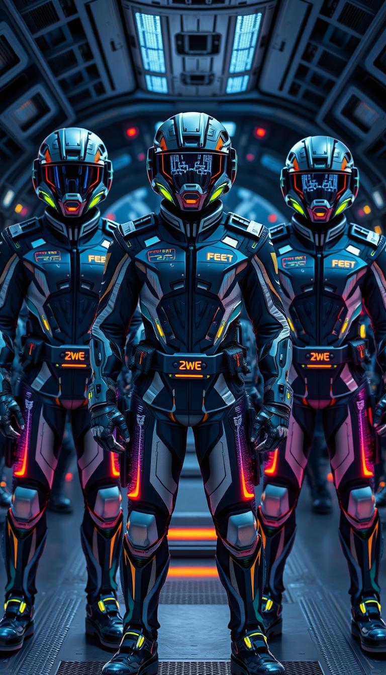 Futuristic military uniforms designed for a space fleet, featuring sleek and aerodynamic designs with integrated technology