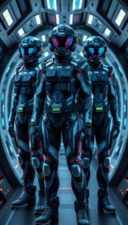 Futuristic military uniforms designed for a space fleet, featuring sleek and aerodynamic designs with integrated technology