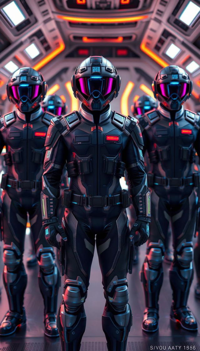 Futuristic military uniforms designed for a space fleet, featuring sleek and aerodynamic designs with integrated technology