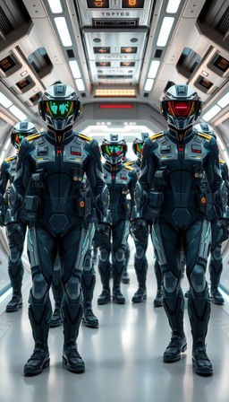 Futuristic military uniforms designed for a space fleet, featuring sleek and aerodynamic designs with integrated technology