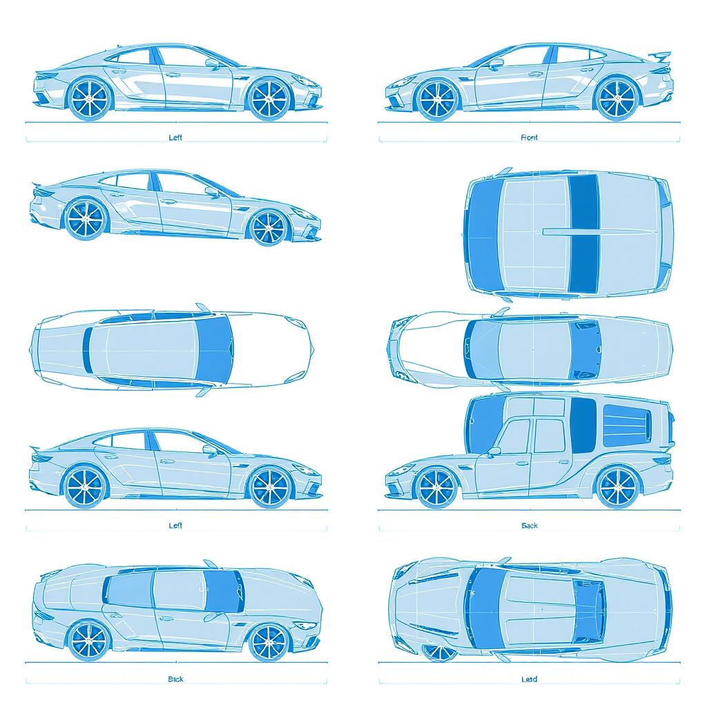 A collection of 10 unique car blueprints, each featuring a different car model displayed from six distinct angles: left, right, front, back, top (up), and bottom (down)