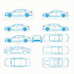 A collection of 10 unique car blueprints, each featuring a different car model displayed from six distinct angles: left, right, front, back, top (up), and bottom (down)