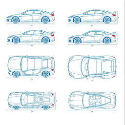 A collection of 10 unique car blueprints, each featuring a different car model displayed from six distinct angles: left, right, front, back, top (up), and bottom (down)