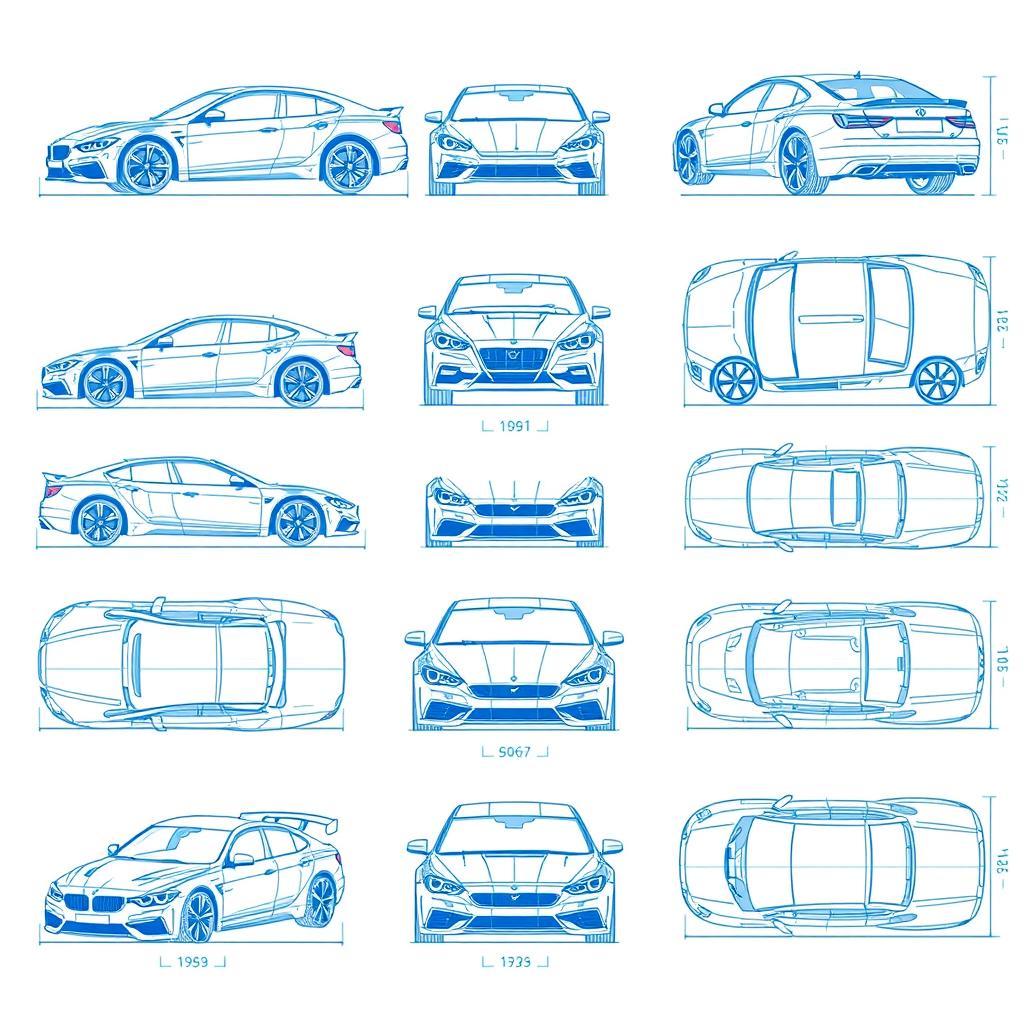 A collection of 10 unique car blueprints, each featuring a different car model displayed from six distinct angles: left, right, front, back, top (up), and bottom (down)