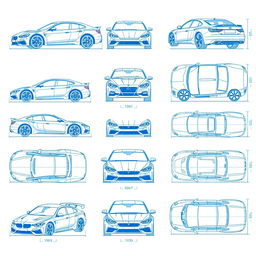 A collection of 10 unique car blueprints, each featuring a different car model displayed from six distinct angles: left, right, front, back, top (up), and bottom (down)