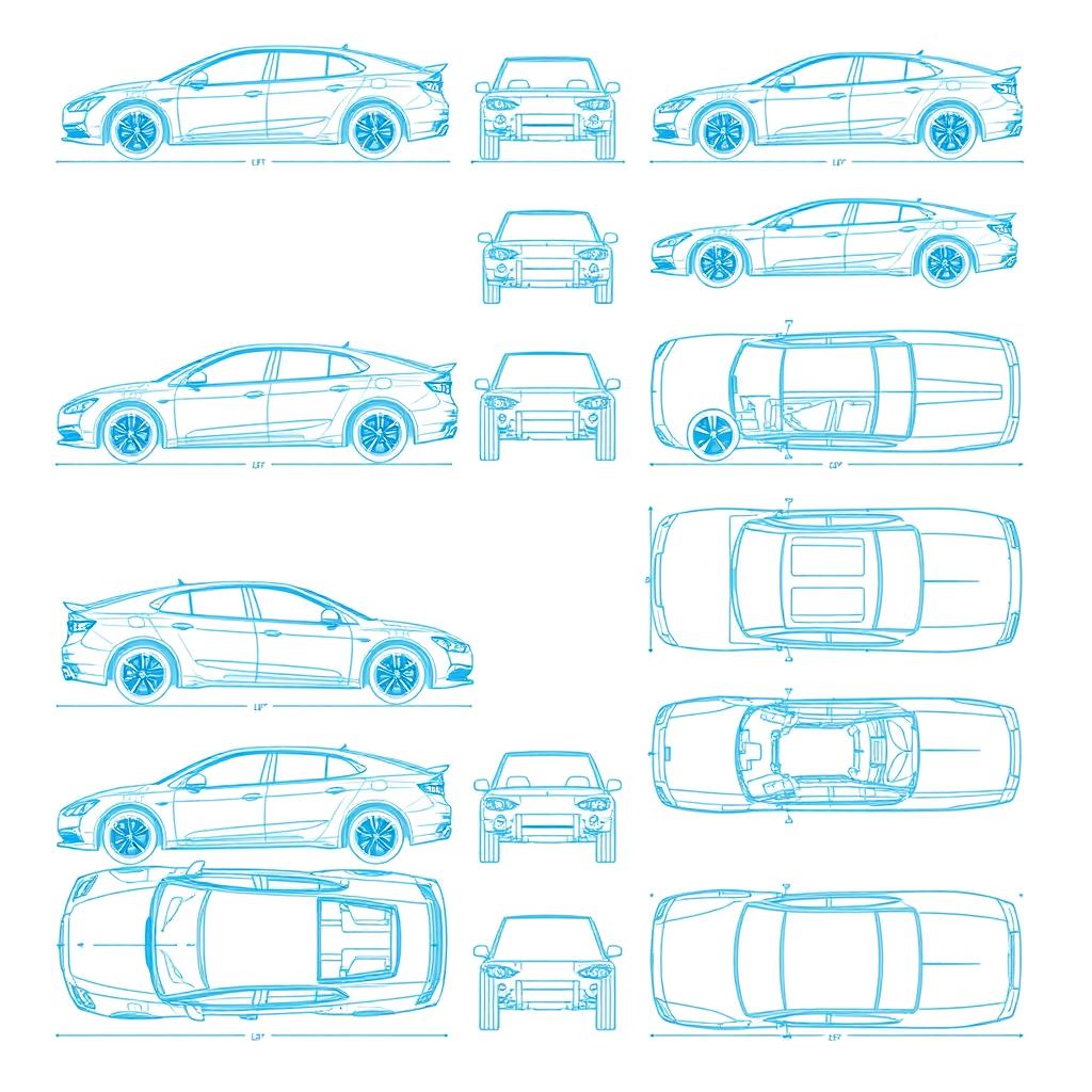 A collection of 15 unique car blueprints, each showcasing a different vehicle displayed from six distinct angles: left, right, front, back, top (up), and bottom (down)