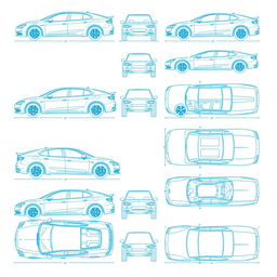 A collection of 15 unique car blueprints, each showcasing a different vehicle displayed from six distinct angles: left, right, front, back, top (up), and bottom (down)