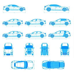 A collection of 15 unique car blueprints, each showcasing a different vehicle displayed from six distinct angles: left, right, front, back, top (up), and bottom (down)