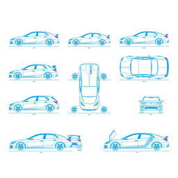 A collection of 15 unique car blueprints, each showcasing a different vehicle displayed from six distinct angles: left, right, front, back, top (up), and bottom (down)