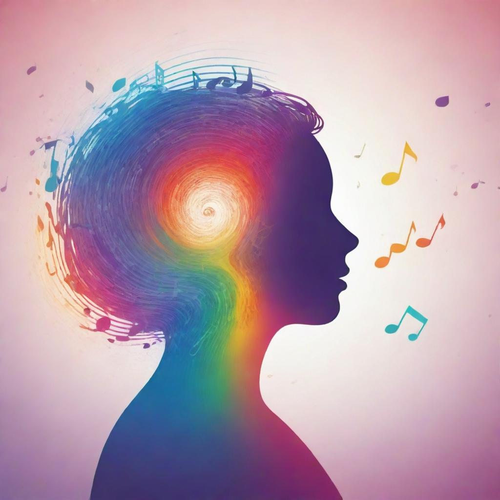 A background of serene gradients symbolizing introversion, with a central silhouette of a person with closed eyes. They are surrounded by swirling musical notes and waves, with a quote in contrasting fonts. A burst of vibrant colors emanates from the music, alongside subtle musical and singer symbolism.