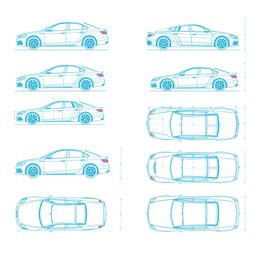 A collection of 15 unique car blueprints, each showcasing a different vehicle displayed from six distinct angles: left, right, front, back, top (up), and bottom (down)