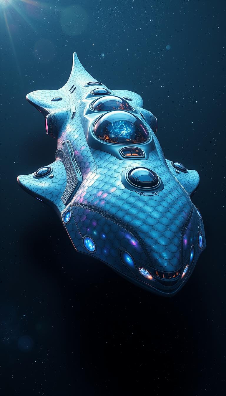 A futuristic spaceship design unlike anything seen before, featuring organic shapes that mimic marine life, with a hull resembling a giant sea creature