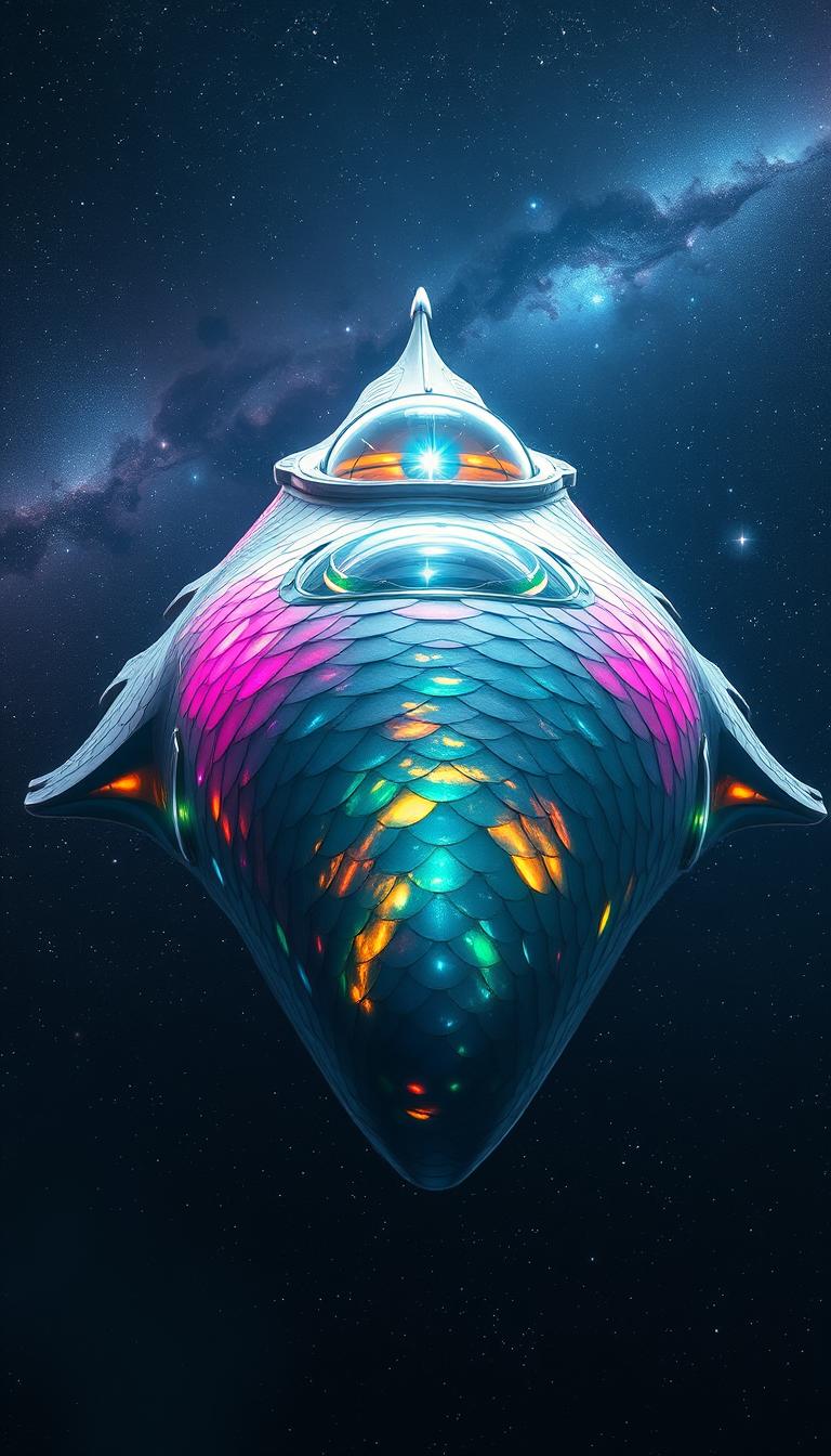 A futuristic spaceship design unlike anything seen before, featuring organic shapes that mimic marine life, with a hull resembling a giant sea creature