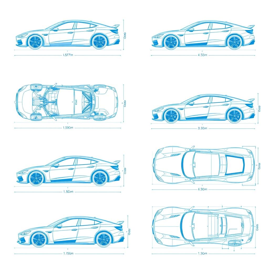 A vast collection of 100 unique car blueprints, each featuring a distinct vehicle displayed from six different angles: left, right, front, back, top (up), and bottom (down)