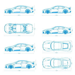 A vast collection of 100 unique car blueprints, each featuring a distinct vehicle displayed from six different angles: left, right, front, back, top (up), and bottom (down)