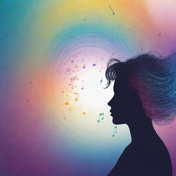 A background of serene gradients symbolizing introversion, with a central silhouette of a person with closed eyes. They are surrounded by swirling musical notes and waves, with a quote in contrasting fonts. A burst of vibrant colors emanates from the music, alongside subtle musical and singer symbolism.