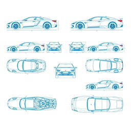 A vast collection of 100 unique car blueprints, each featuring a distinct vehicle displayed from six different angles: left, right, front, back, top (up), and bottom (down)