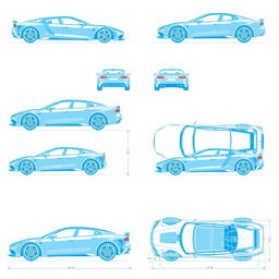 A vast collection of 100 unique car blueprints, each featuring a distinct vehicle displayed from six different angles: left, right, front, back, top (up), and bottom (down)