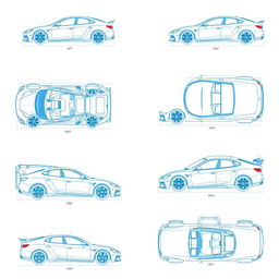 A vast collection of 100 unique car blueprints, each featuring a distinct vehicle displayed from six different angles: left, right, front, back, top (up), and bottom (down)