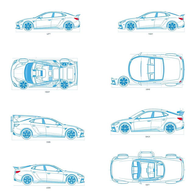 A vast collection of 100 unique car blueprints, each featuring a distinct vehicle displayed from six different angles: left, right, front, back, top (up), and bottom (down)