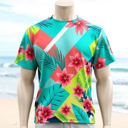 A stylish, modern t-shirt design featuring a vibrant and abstract geometric pattern blended with tropical elements like palm leaves and colorful flowers