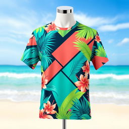 A stylish, modern t-shirt design featuring a vibrant and abstract geometric pattern blended with tropical elements like palm leaves and colorful flowers