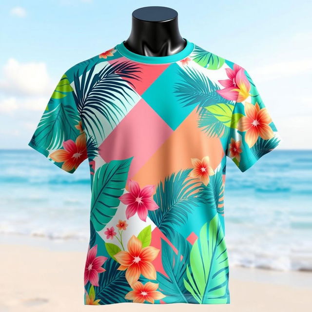 A stylish, modern t-shirt design featuring a vibrant and abstract geometric pattern blended with tropical elements like palm leaves and colorful flowers