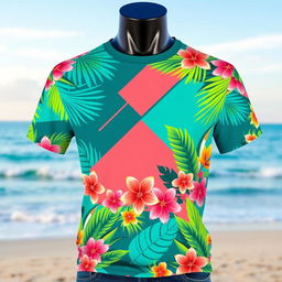 A stylish, modern t-shirt design featuring a vibrant and abstract geometric pattern blended with tropical elements like palm leaves and colorful flowers