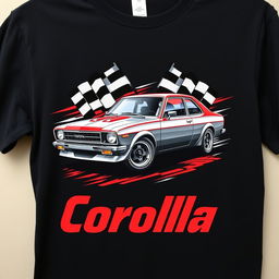 A black t-shirt featuring a striking graphic design of a classic Toyota Corolla, showcased in a dynamic pose