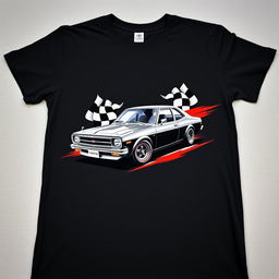 A black t-shirt featuring a striking graphic design of a classic Toyota Corolla, showcased in a dynamic pose