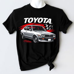 A black t-shirt featuring a striking graphic design of a classic Toyota Corolla, showcased in a dynamic pose