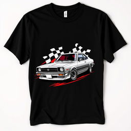 A black t-shirt featuring a striking graphic design of a classic Toyota Corolla, showcased in a dynamic pose