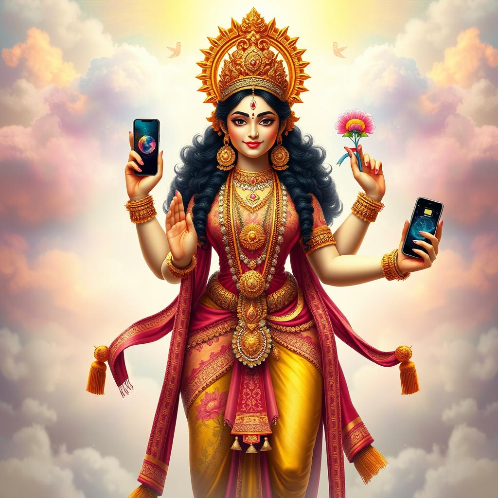 A vibrant and powerful depiction of the goddess Durga, standing majestically with a confident expression