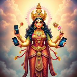 A vibrant and powerful depiction of the goddess Durga, standing majestically with a confident expression