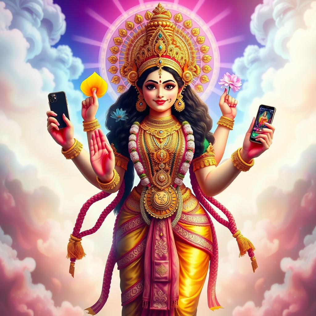 A vibrant and powerful depiction of the goddess Durga, standing majestically with a confident expression