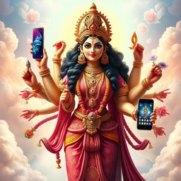 A vibrant and powerful depiction of the goddess Durga, standing majestically with a confident expression