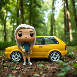 A Funko Pop figurine of a 28-year-old woman with very long, white hair, standing next to a vintage 1998 yellow Seat Ibiza parked in a forest