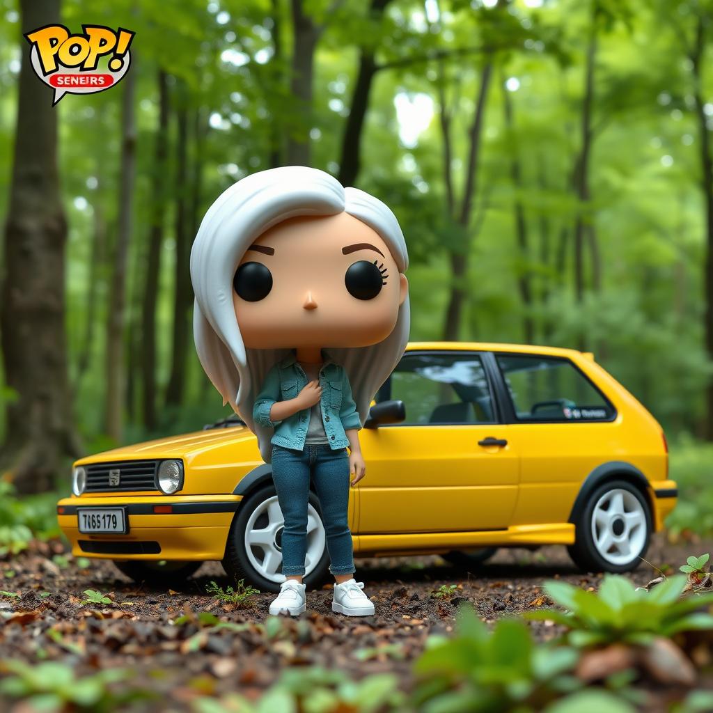 A Funko Pop figurine of a 28-year-old woman with very long, white hair, standing next to a vintage 1998 yellow Seat Ibiza parked in a forest