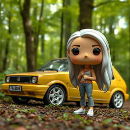 A Funko Pop figurine of a 28-year-old woman with very long, white hair, standing next to a vintage 1998 yellow Seat Ibiza parked in a forest