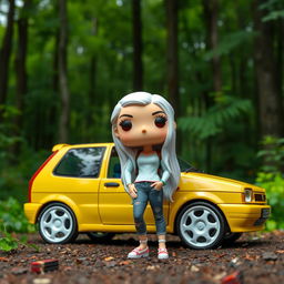 A Funko Pop figurine of a 28-year-old woman with very long, white hair, standing next to a vintage 1998 yellow Seat Ibiza parked in a forest