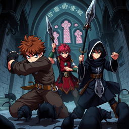 Dark fantasy anime cover titled 'Grimon Soul 3' featuring three angry teenage warriors engaged in battle