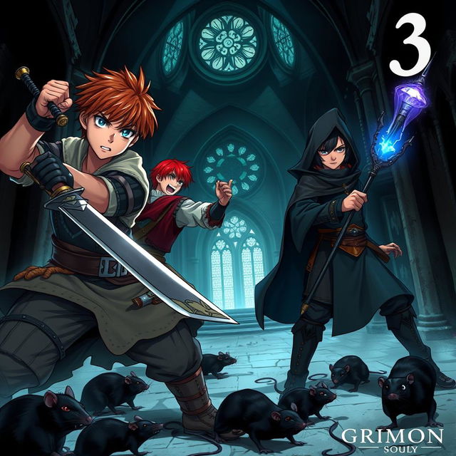 Dark fantasy anime cover titled 'Grimon Soul 3' featuring three angry teenage warriors engaged in battle