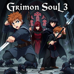 Dark fantasy anime cover titled 'Grimon Soul 3' featuring three angry teenage warriors engaged in battle