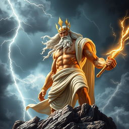 A powerful and majestic representation of Zeus, the Greek god of thunder and lightning