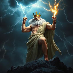 A powerful and majestic representation of Zeus, the Greek god of thunder and lightning