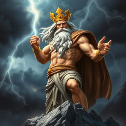 A powerful and majestic representation of Zeus, the Greek god of thunder and lightning