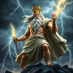 A powerful and majestic representation of Zeus, the Greek god of thunder and lightning