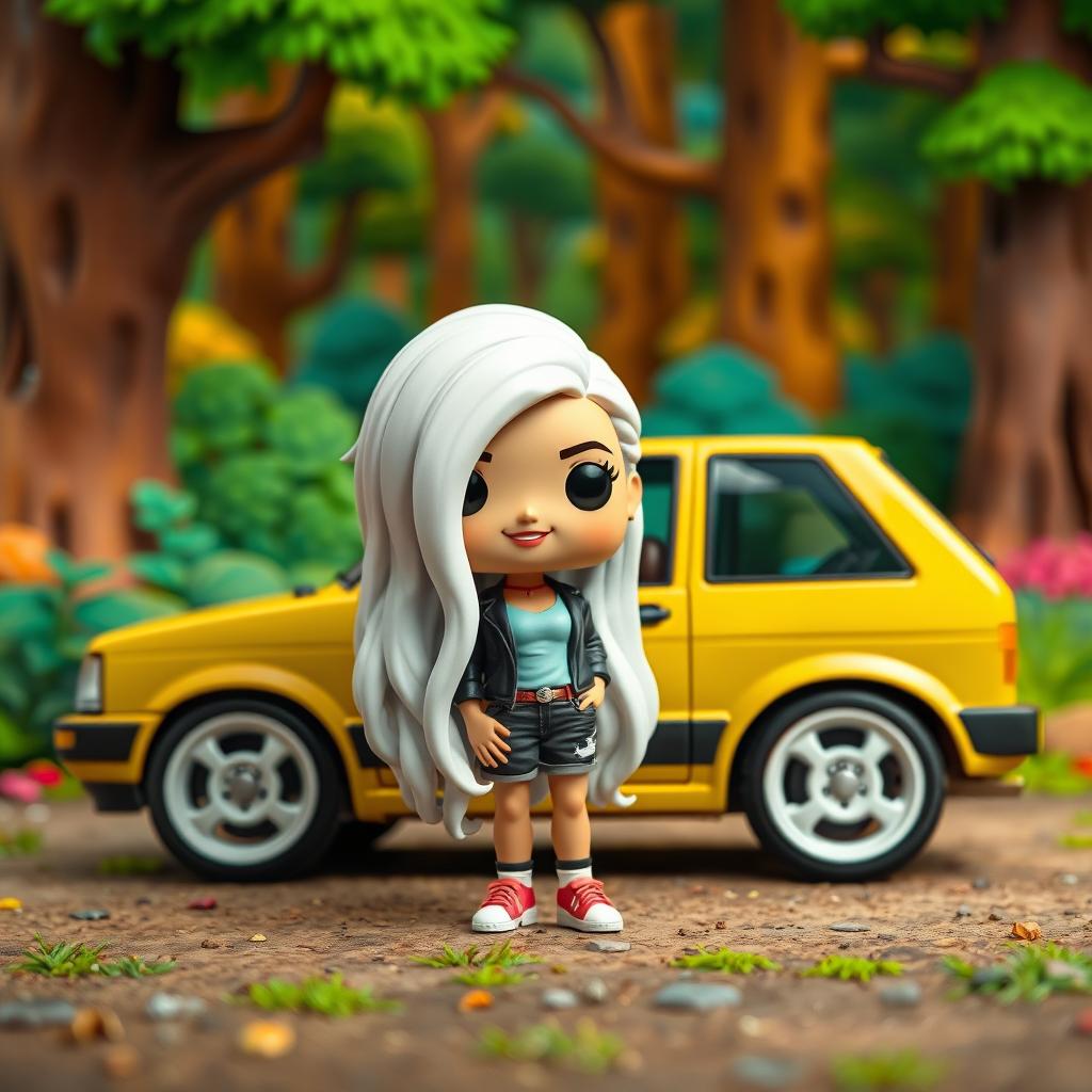 A Funko Pop figurine of a 28-year-old woman with very long, white hair, styled in a whimsical way, alongside a vintage 1998 yellow Seat Ibiza